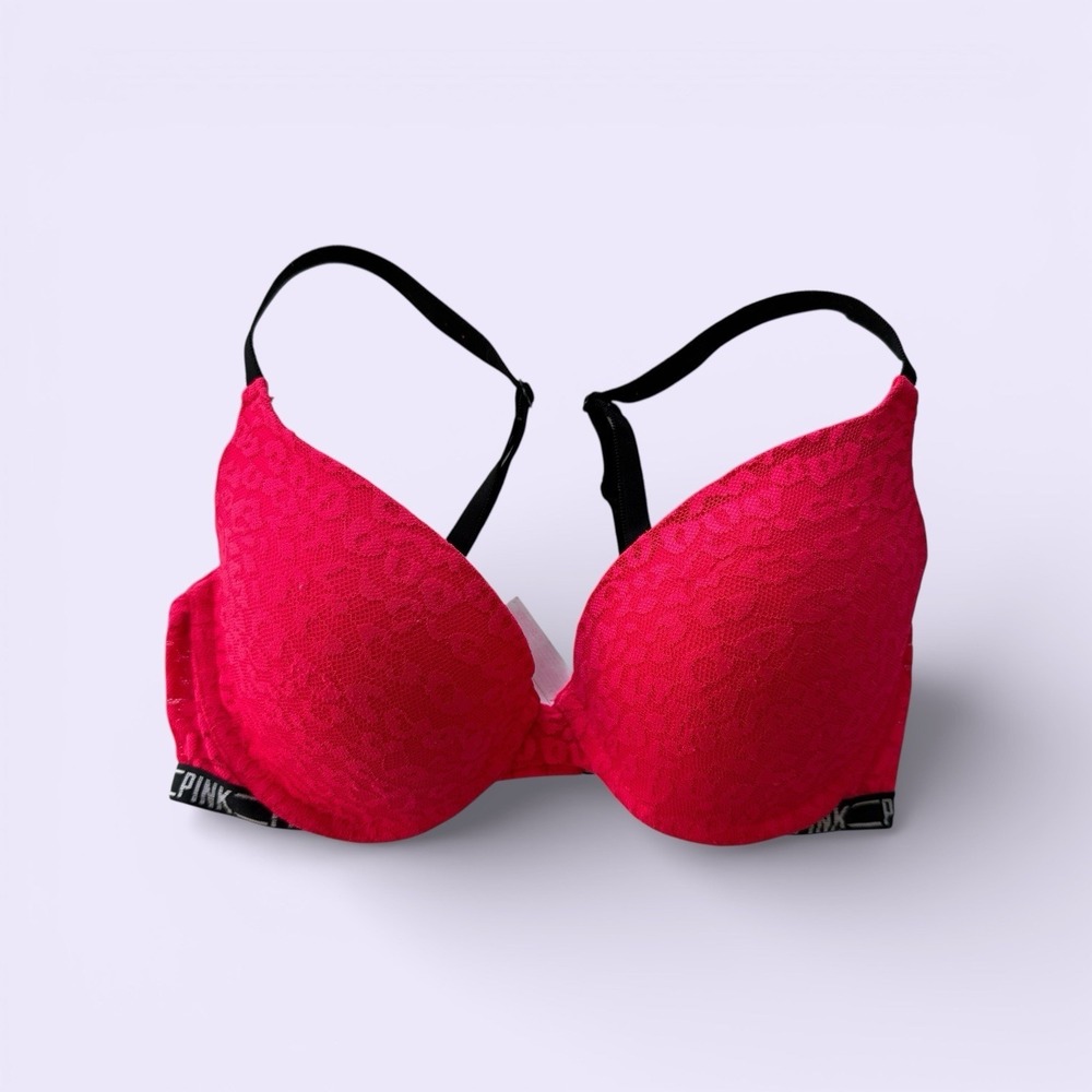 Victorias Secret PINK Push-Up Bra Hot Pink Lace Adjustable Straps Y2K Size 32D‎
